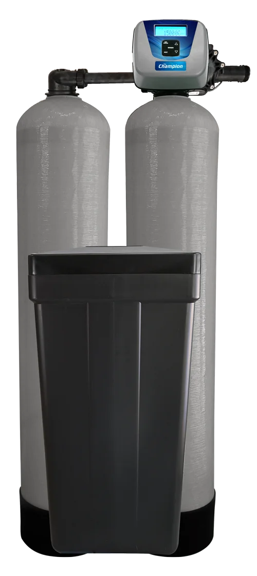 The Champion twin-tank water softener by Varsity Water Systems: two media tanks, digital control head and black brine tank