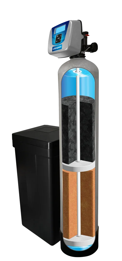 The Champion water softener with integrated filtration by Varsity Water Systems, shown in cutaway view with its media layers, digital control head and brine tank