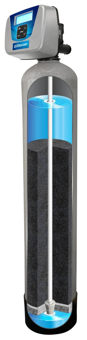 The Enforcer whole-home carbon filtration system shown in cutaway view