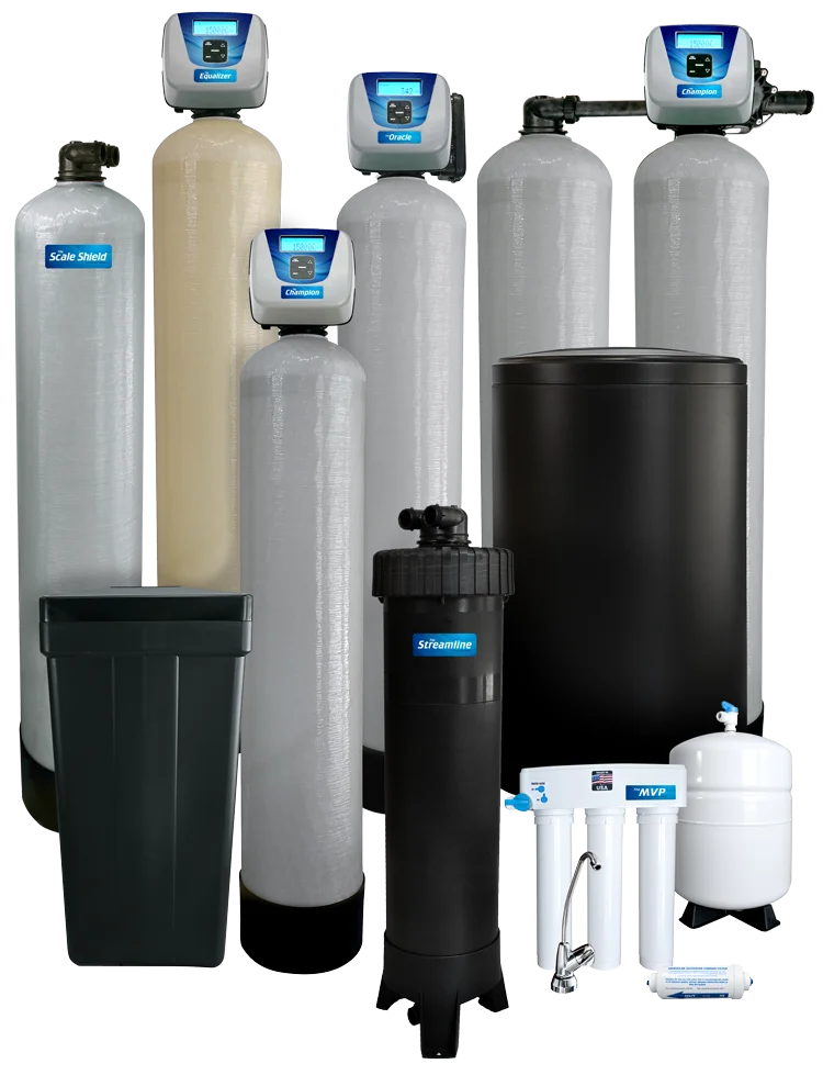 The full Varsity Water Systems lineup: water softeners, whole-home filters, scale inhibitors and The MVP reverse osmosis system grouped together