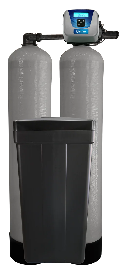 The Infinity Champion twin-tank water softener with carbon filtration: two media tanks and a black brine tank